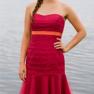 B2 Strapless tulle Pink Dress with Orange Accent. 90s